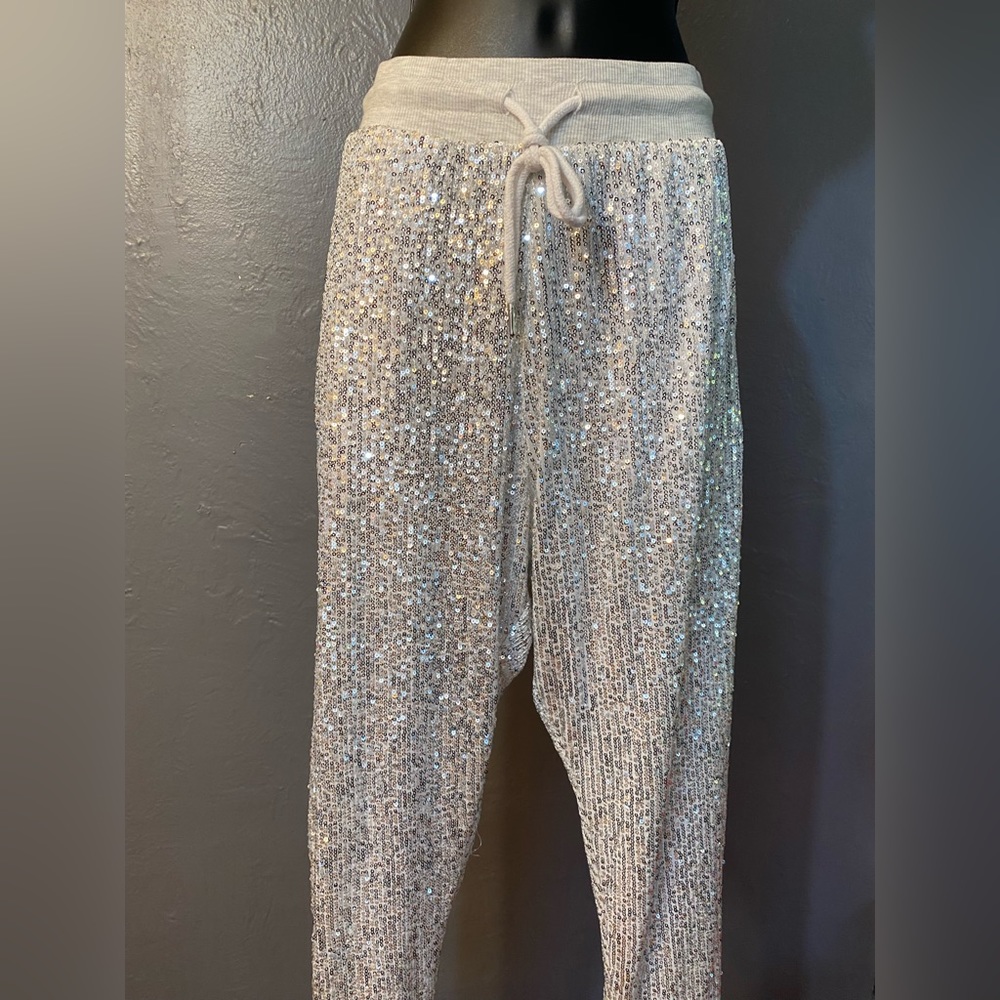 SAINT & HEARTS Silver Sequin Joggers/Sweatpants